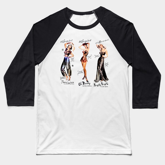 Pin Up Girls Fashion Retro Vintage Harem Queen Frenchy Parisian Black Magic Baseball T-Shirt by REVISTANGO